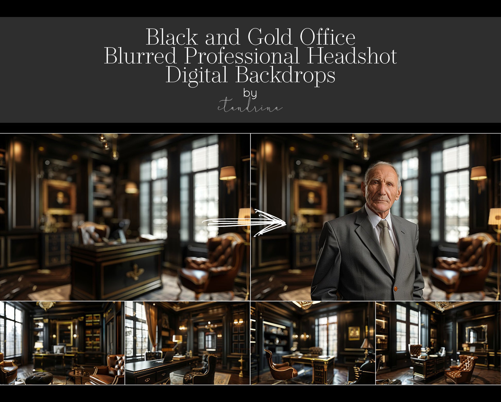 Black and Gold Office Headshot Digital Backdrops, Blurred Professional Headshot Backgrounds for Photoshop, Royal Office Soft Focus Backdrops