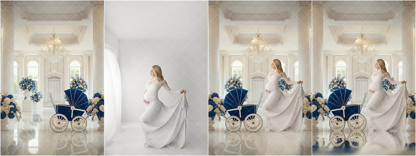 Blue and White Royal Room with Baby Carriage Maternity Digital Backdrop, Maternity Pram Digital Background, Maternity Digital Backdrops