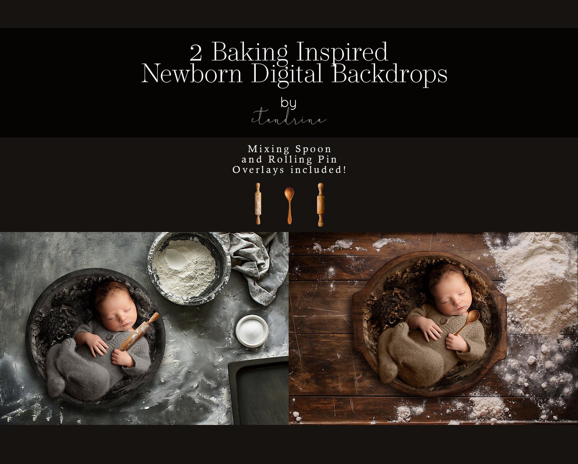 Baking Newborn Digital Backdrop with Spoon and Rolling Pin Overlays, Newborn Digital Backdrops for Photoshop, Flour Counter Baby Backdrop