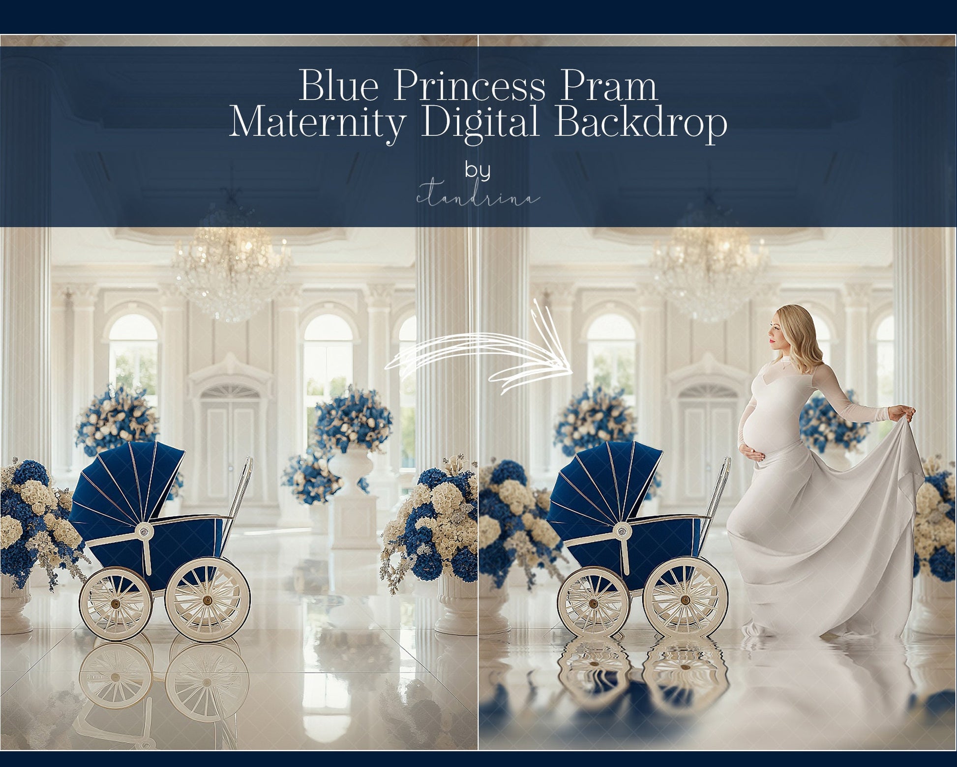 Blue and White Royal Room with Baby Carriage Maternity Digital Backdrop, Maternity Pram Digital Background, Maternity Digital Backdrops