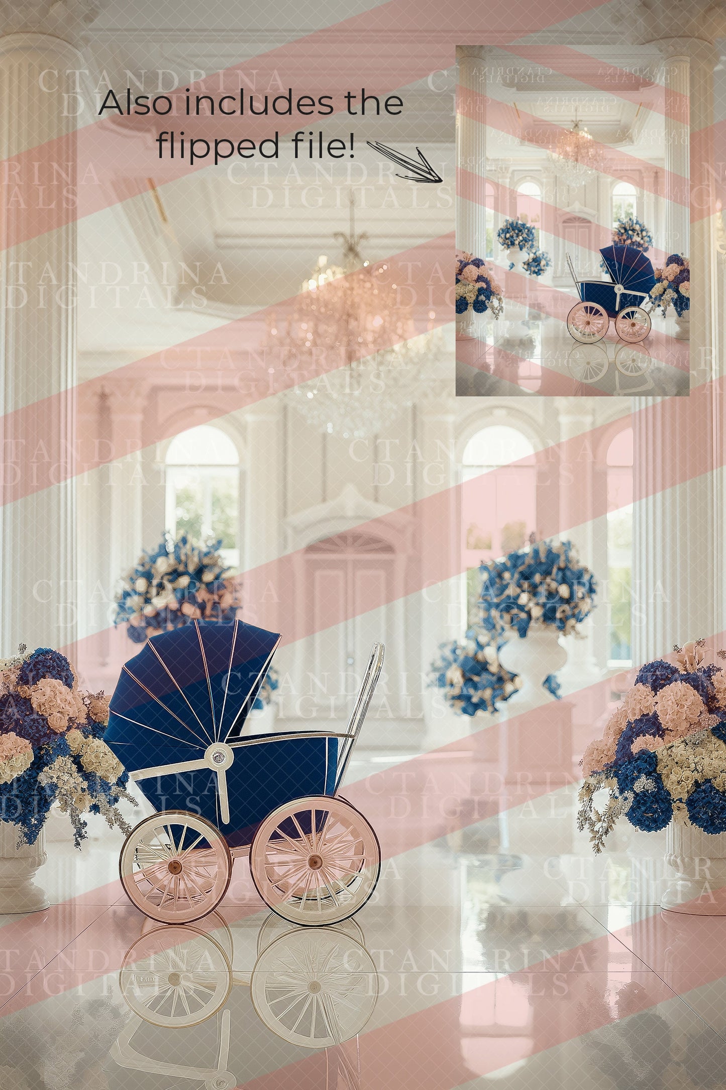 Blue and White Royal Room with Baby Carriage Maternity Digital Backdrop, Maternity Pram Digital Background, Maternity Digital Backdrops