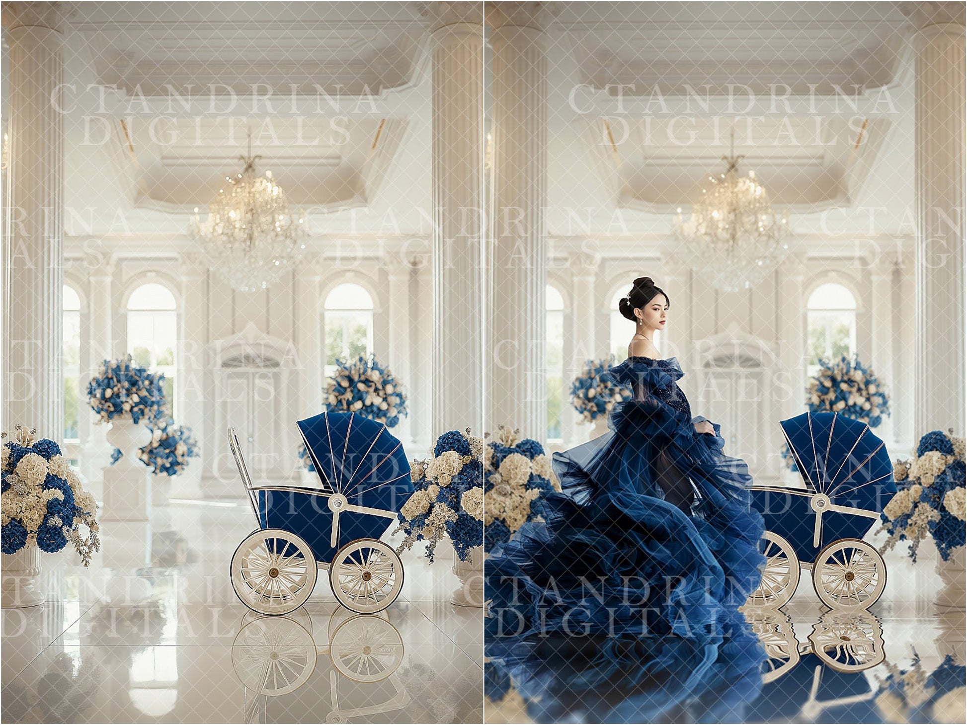 Blue and White Royal Room with Baby Carriage Maternity Digital Backdrop, Maternity Pram Digital Background, Maternity Digital Backdrops