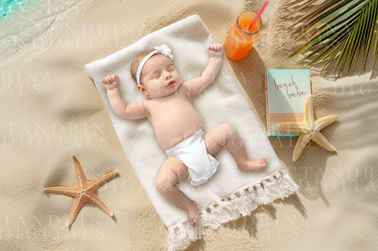 Beach Baby Digital Backdrop, Summer Newborn Digital Background, Beach Towel Digital Backdrop for Photoshop Composites