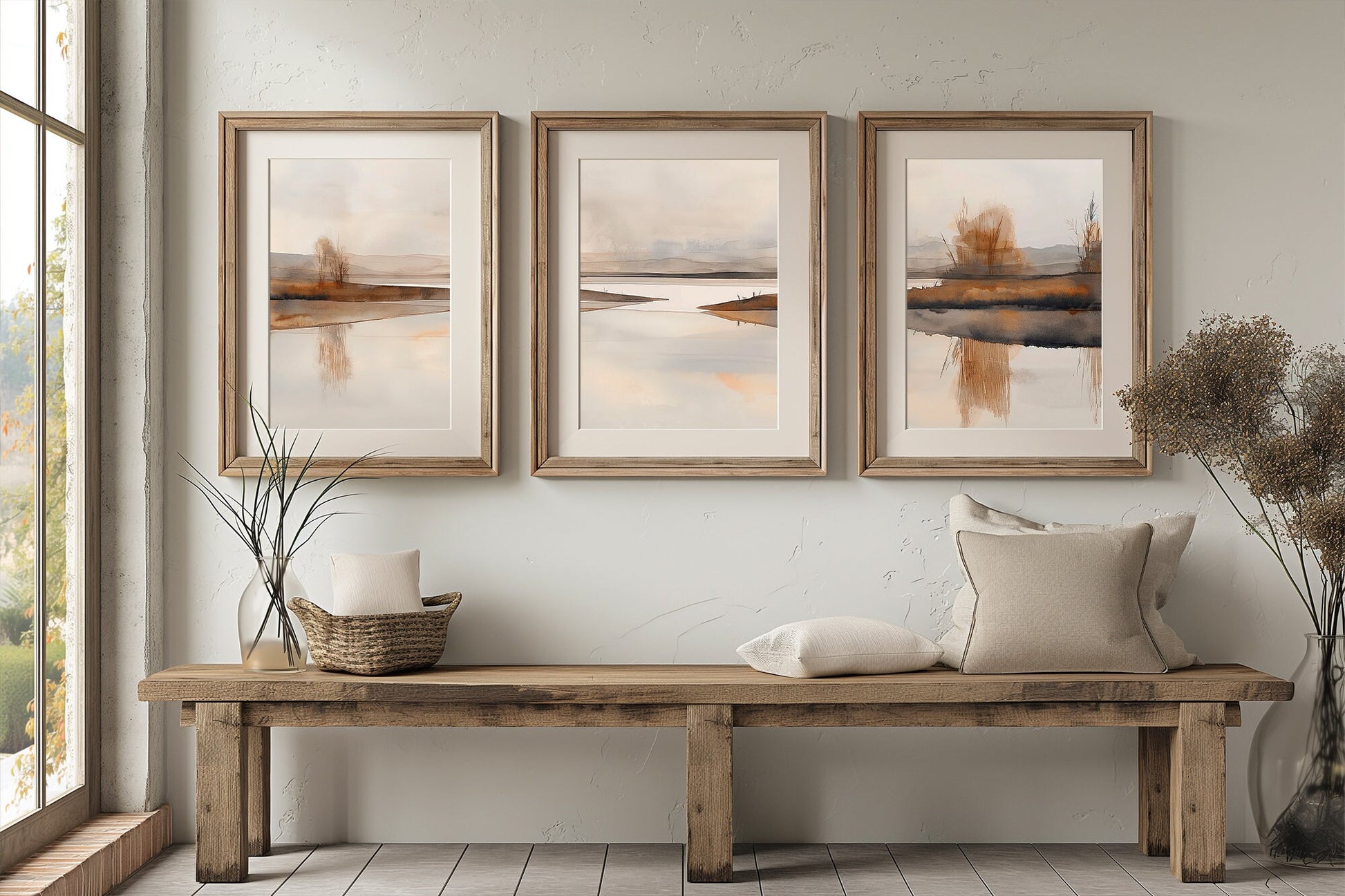 Triple Neutral Watercolor Painted PRINTABLE, Calm Neutral Landscape Print, Watercolor Digital Painting, Farmhouse Wall Decor - Set of 3