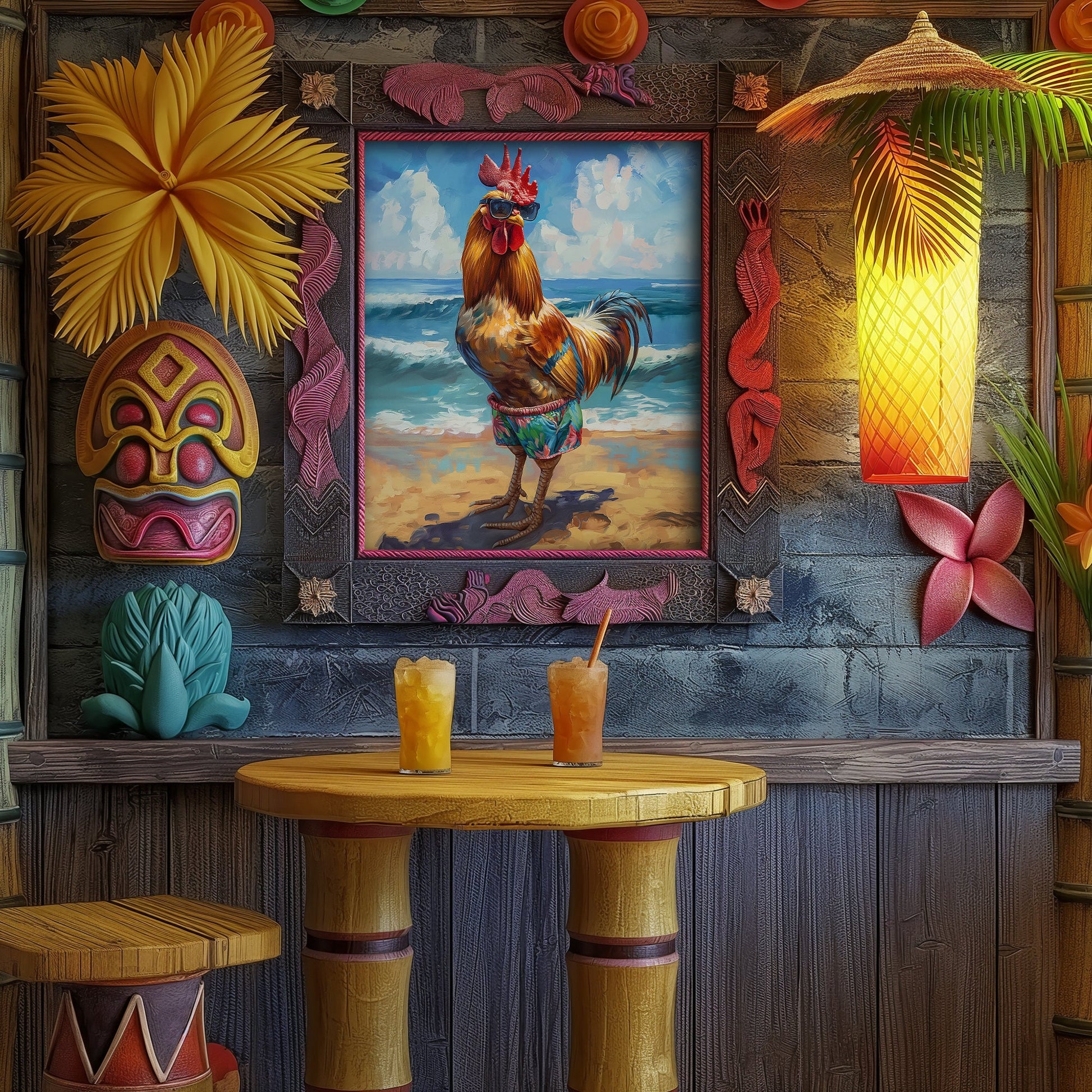 Summer Rooster on the Beach PRINTABLE, Chicken Prints, Rooster in Swim Trunks Downloadable Wall Art, Chicken on the Beach Digital Painting