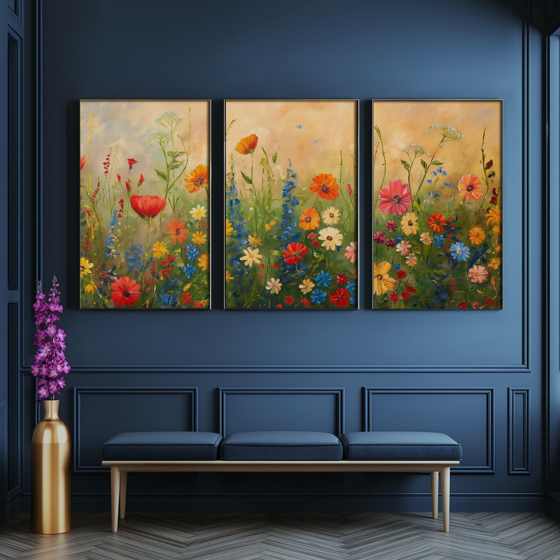 Triple Wildflower Painted PRINTABLE, Triptych Colorful Wildflower Print, Flower Field Digital Painting, Farmhouse Wall Decor - Set of 3