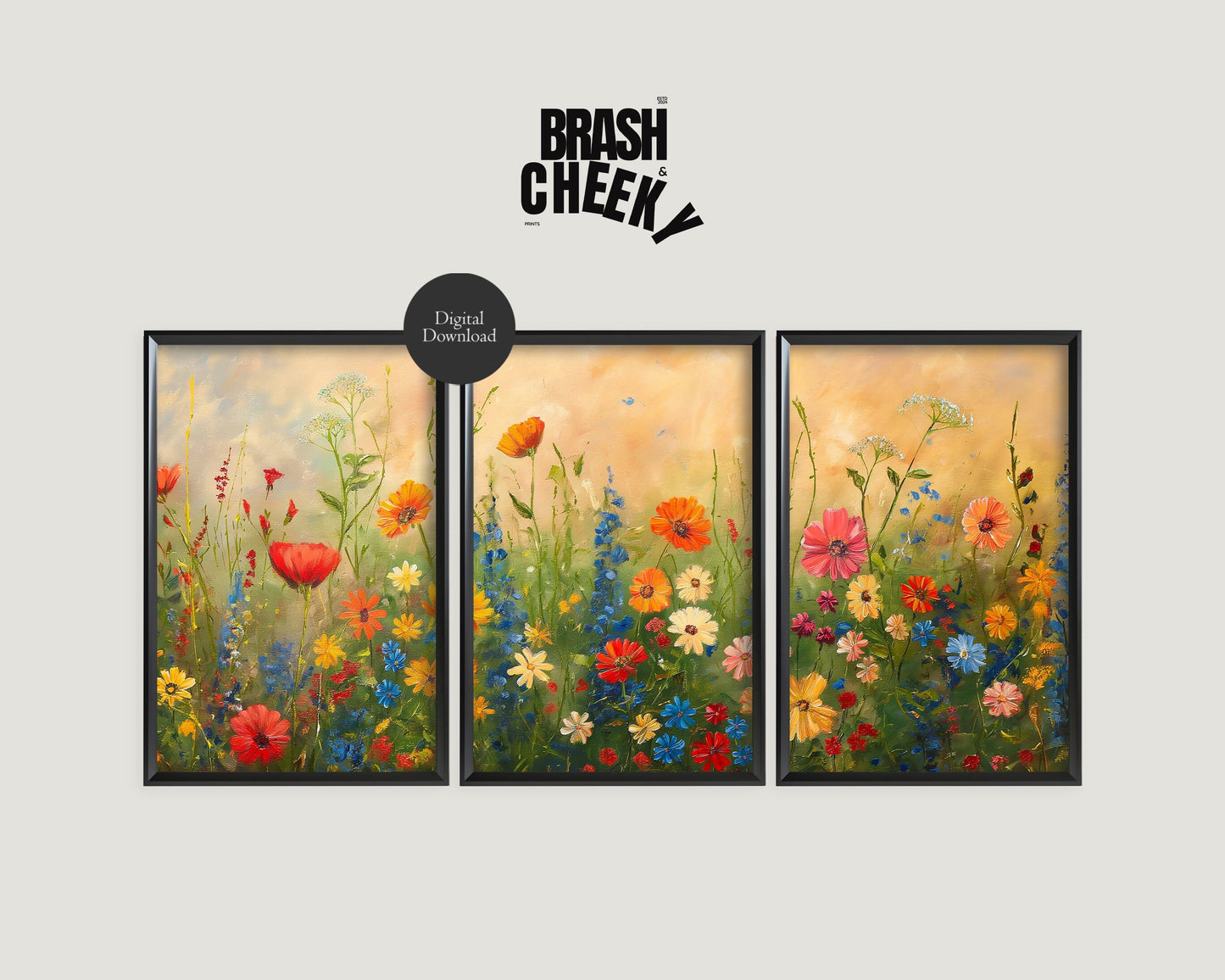 Triple Wildflower Painted PRINTABLE, Triptych Colorful Wildflower Print, Flower Field Digital Painting, Farmhouse Wall Decor - Set of 3