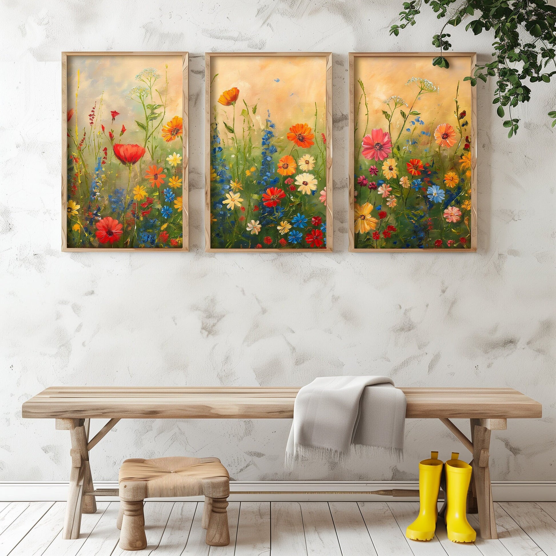 Triple Wildflower Painted PRINTABLE, Triptych Colorful Wildflower Print, Flower Field Digital Painting, Farmhouse Wall Decor - Set of 3