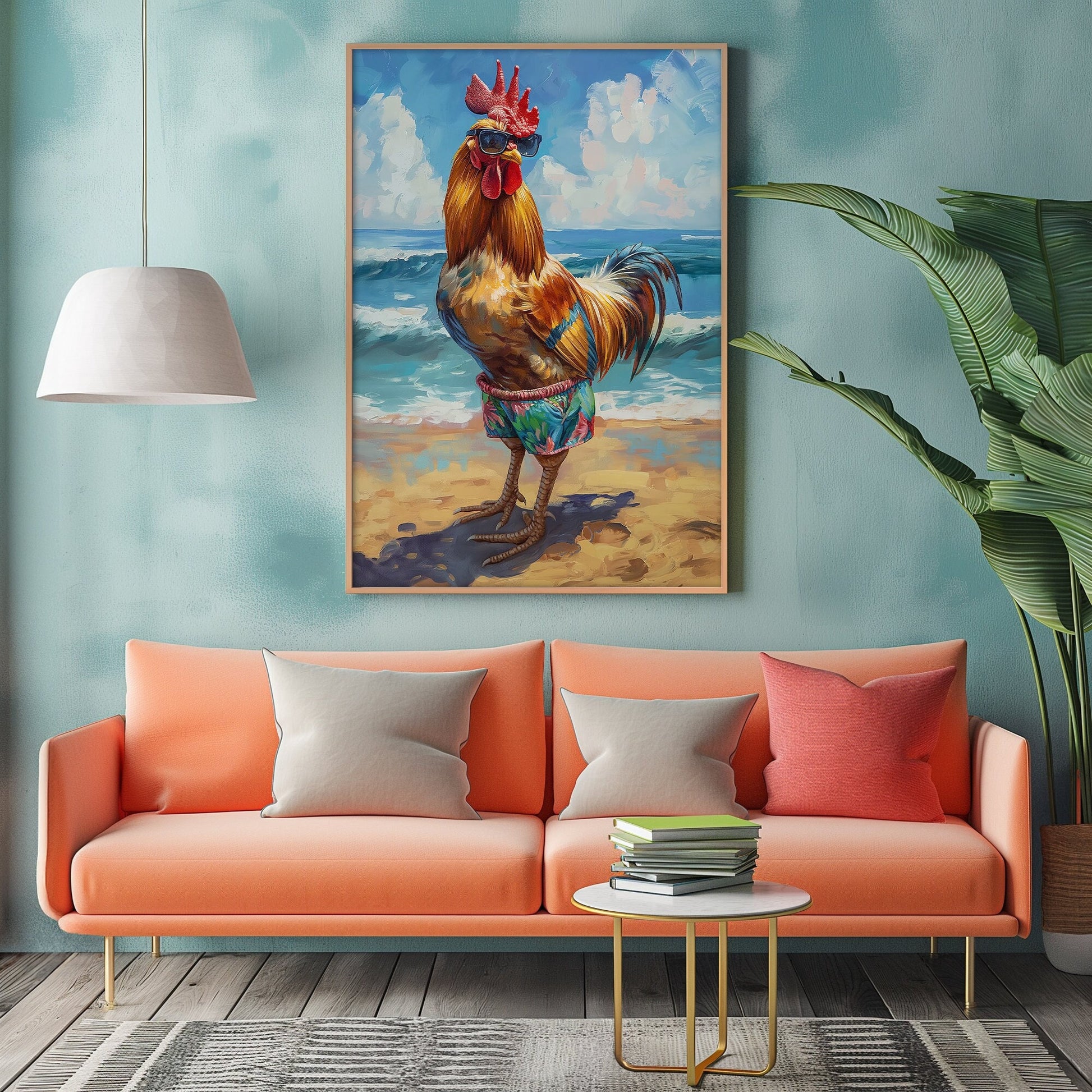 Summer Rooster on the Beach PRINTABLE, Chicken Prints, Rooster in Swim Trunks Downloadable Wall Art, Chicken on the Beach Digital Painting