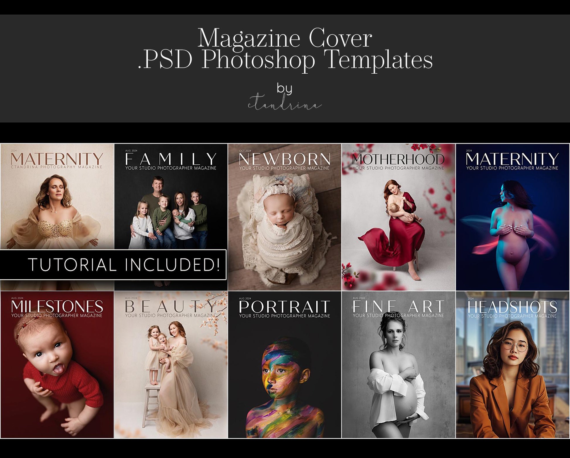 Customizable Magazine Covers for Photoshop, .PSD Layered Files for Magazine Cover, Studio Portfolio Display Template with Included Tutorial