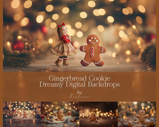 Gingerbread Cookie Digital Backdrops, Dreamy Gingerbread Man Backgrounds, Christmas Digital Backdrops for Photoshop Composite - Set of 4