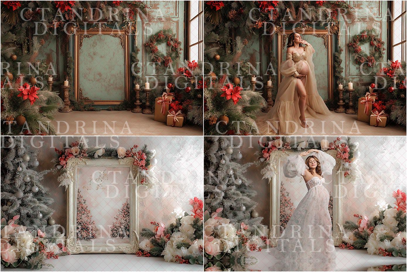 Christmas Floral Frame Digital Backdrops, Fine Art Holiday Floral Digital Backdrops, Maternity Digital Backdrops for Portrait Photography