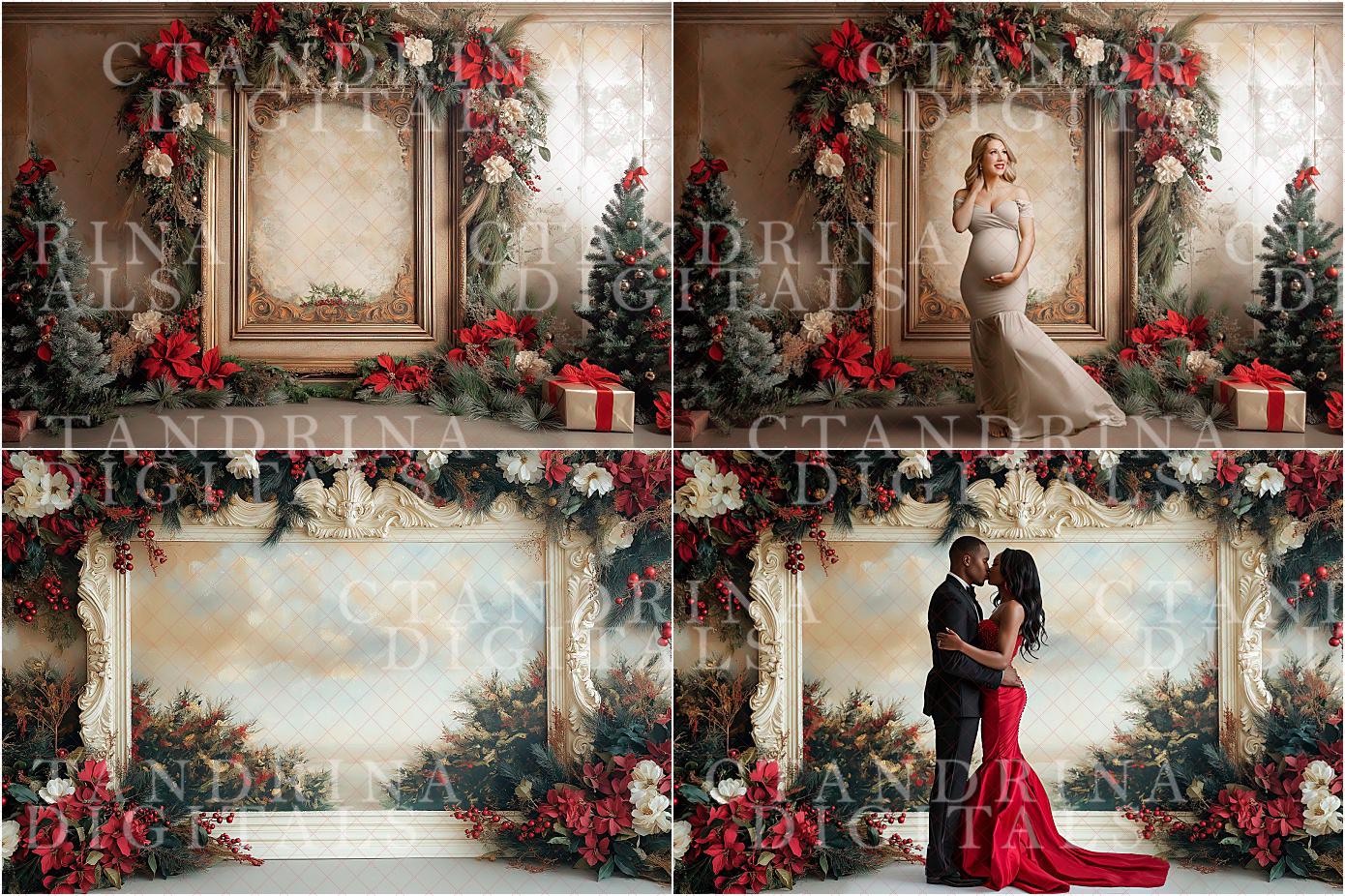 Christmas Floral Frame Digital Backdrops, Fine Art Holiday Floral Digital Backdrops, Maternity Digital Backdrops for Portrait Photography