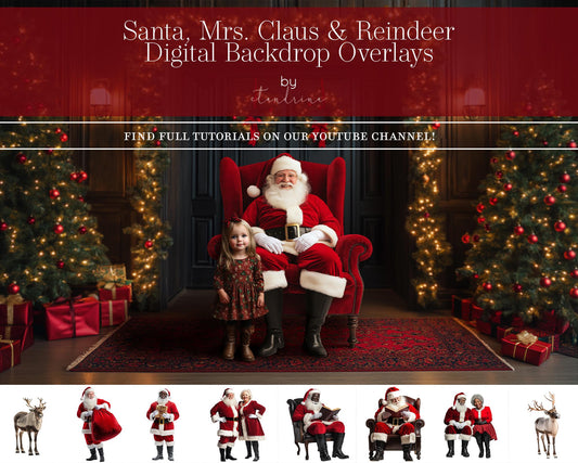 Santa Claus PNG Transparent Overlays, Santa & Mrs. Claus Overlays, Christmas Backdrops Overlays, Santa Overlay, Bonus Reindeer Overlays