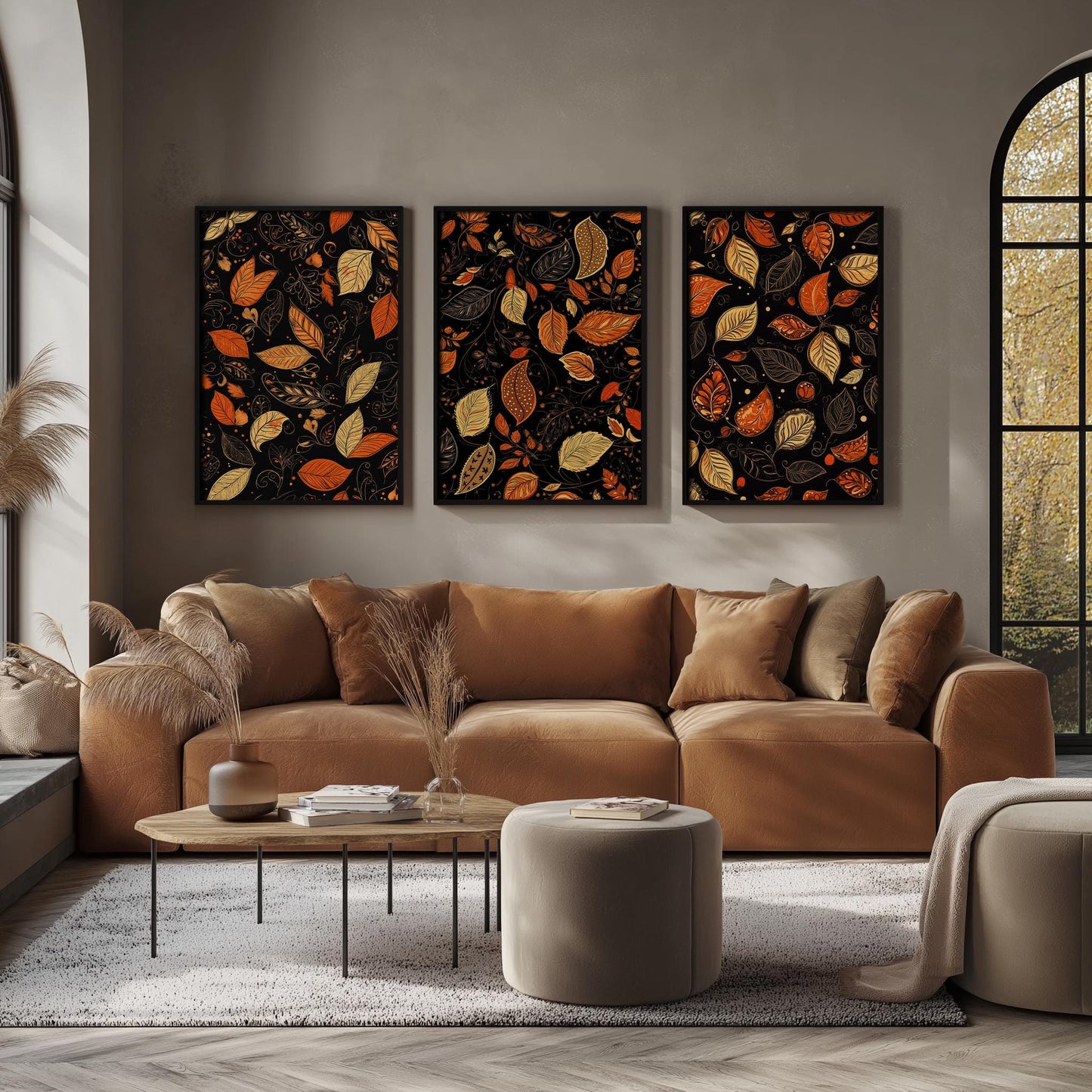 Triple Fall Foliage Painted PRINTABLE, Triptych Paisley Fall Print, Fall Leaf Farmhouse Digital Painting, Autumn Leaf Wall Decor - Set of 3