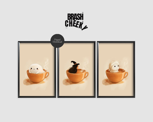 Triptych Halloween Coffee PRINTABLES, Coffee Bar Digital Prints, Ghost Coffee Printable Wall Art, Witch Coffee Print, Mummy Coffee Print