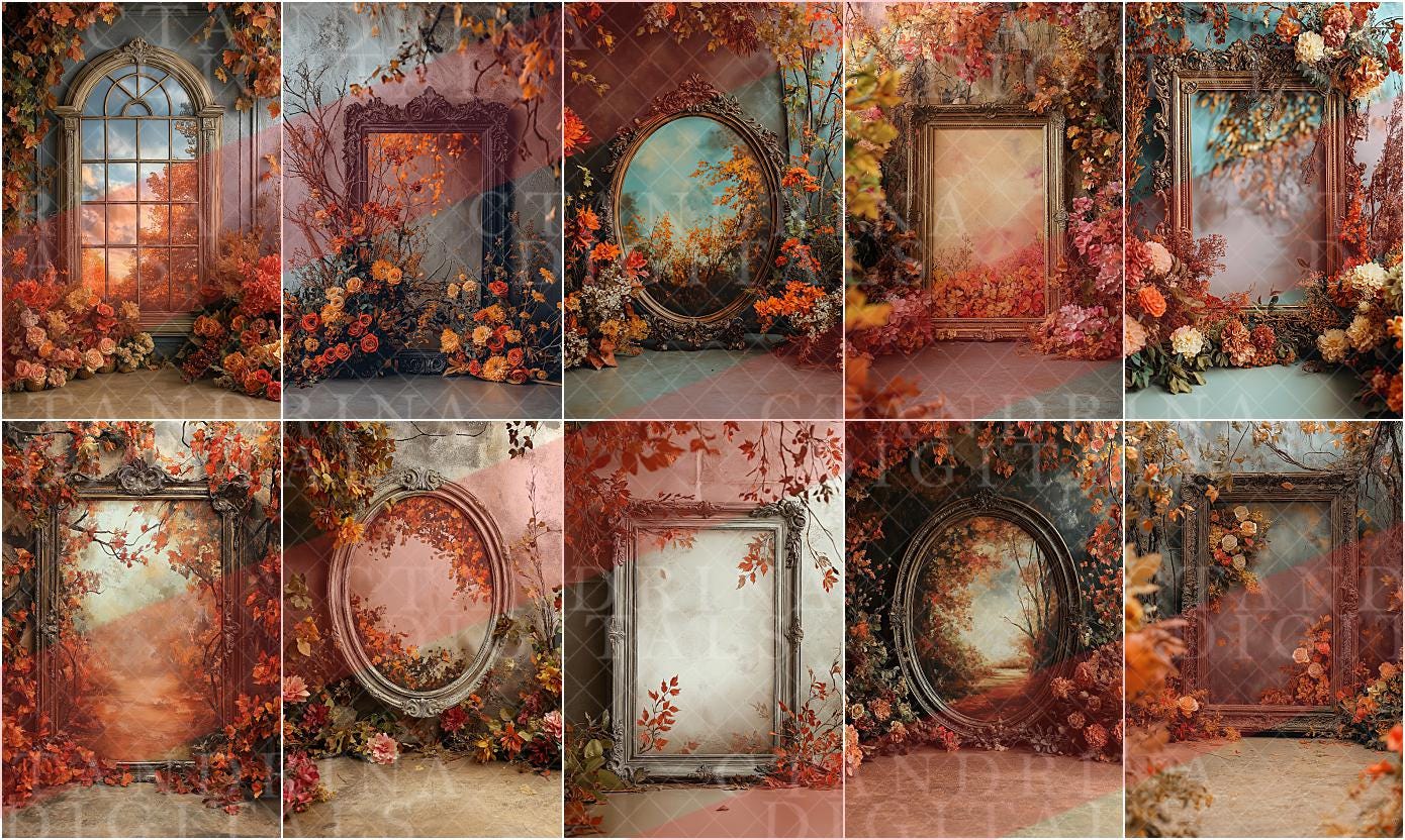 Fall Foliage Frame Digital Backdrops, Fine Art Autumn Floral Digital Backdrops, Maternity Digital Backdrops for Portrait Photography