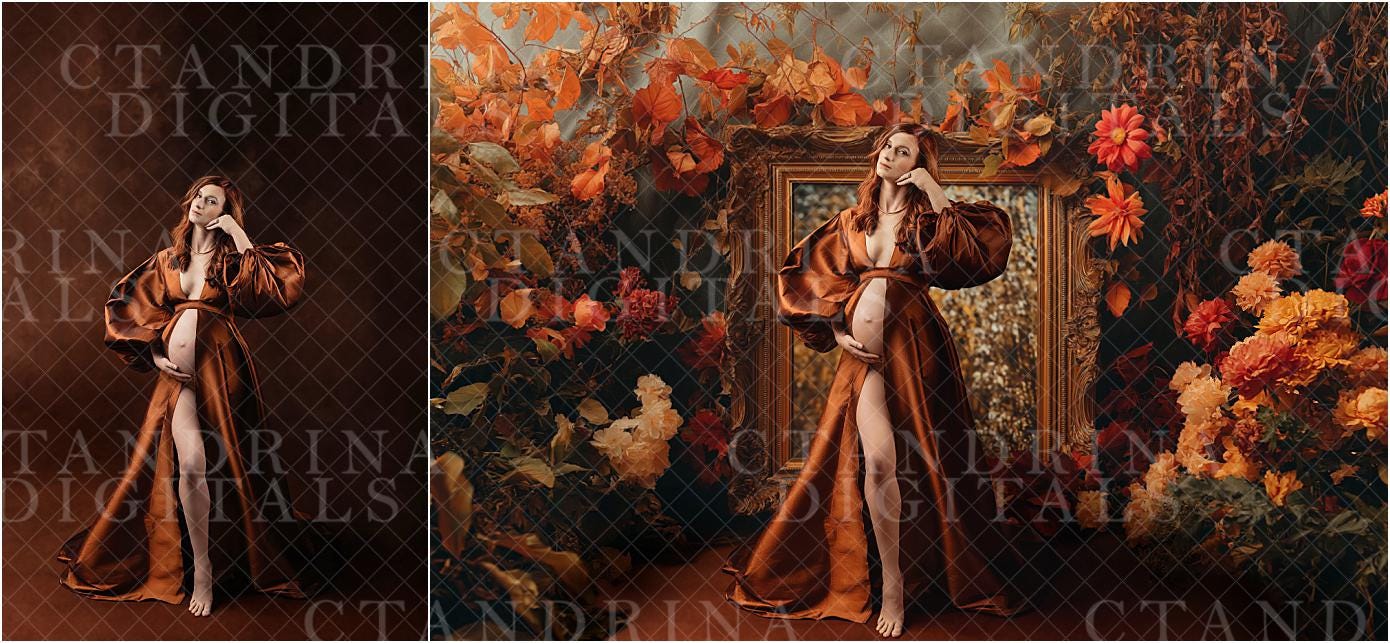 Fall Foliage Frame Digital Backdrops, Fine Art Autumn Floral Digital Backdrops, Maternity Digital Backdrops for Portrait Photography