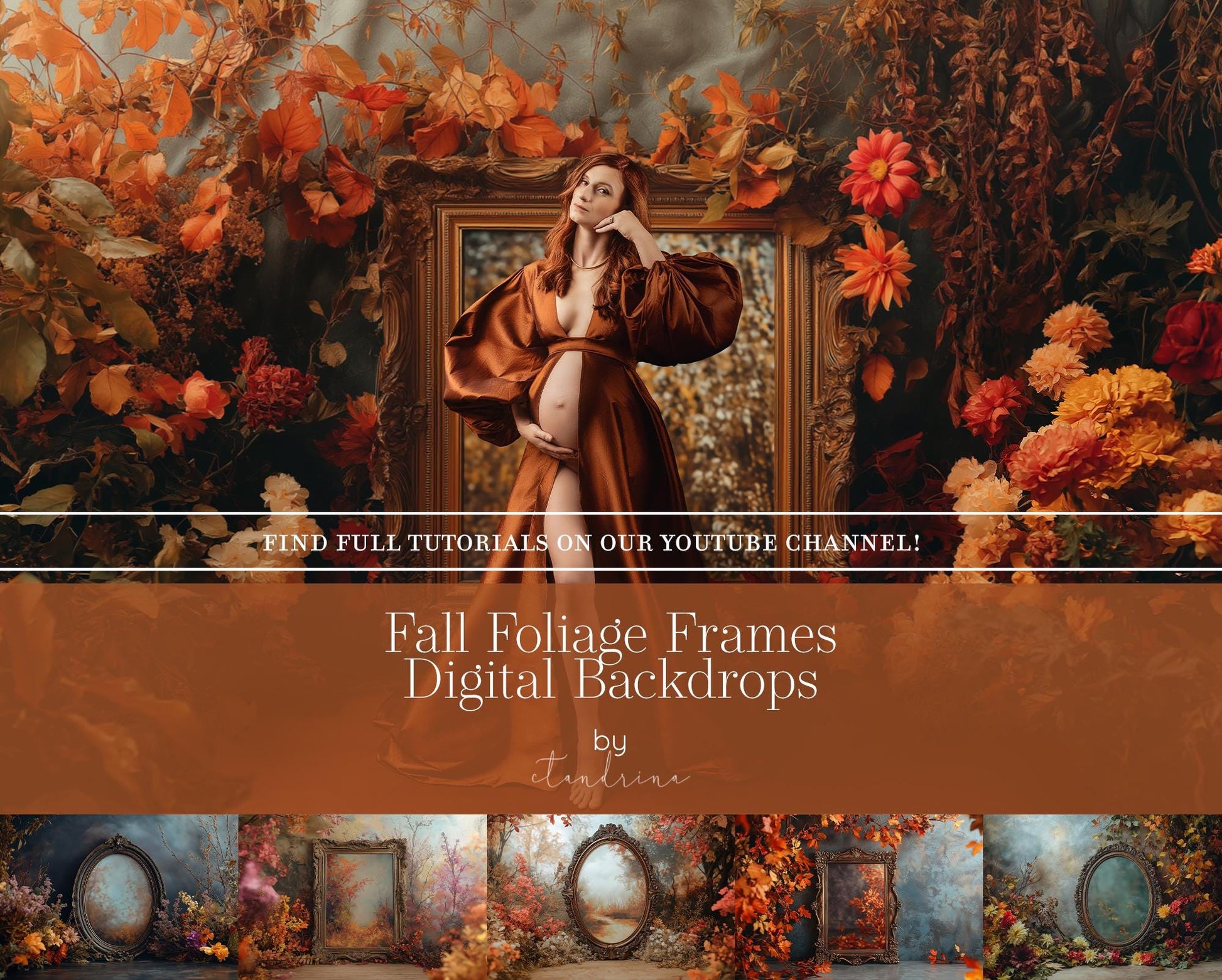 Fall Foliage Frame Digital Backdrops, Fine Art Autumn Floral Digital Backdrops, Maternity Digital Backdrops for Portrait Photography