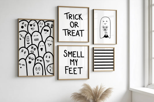 Trick or Treat Smell My Feet PRINTABLES, Silly Ghost Halloween Digital Prints, Downloadable Photo Wall Collage, Hand Drawn Digital Wall Art