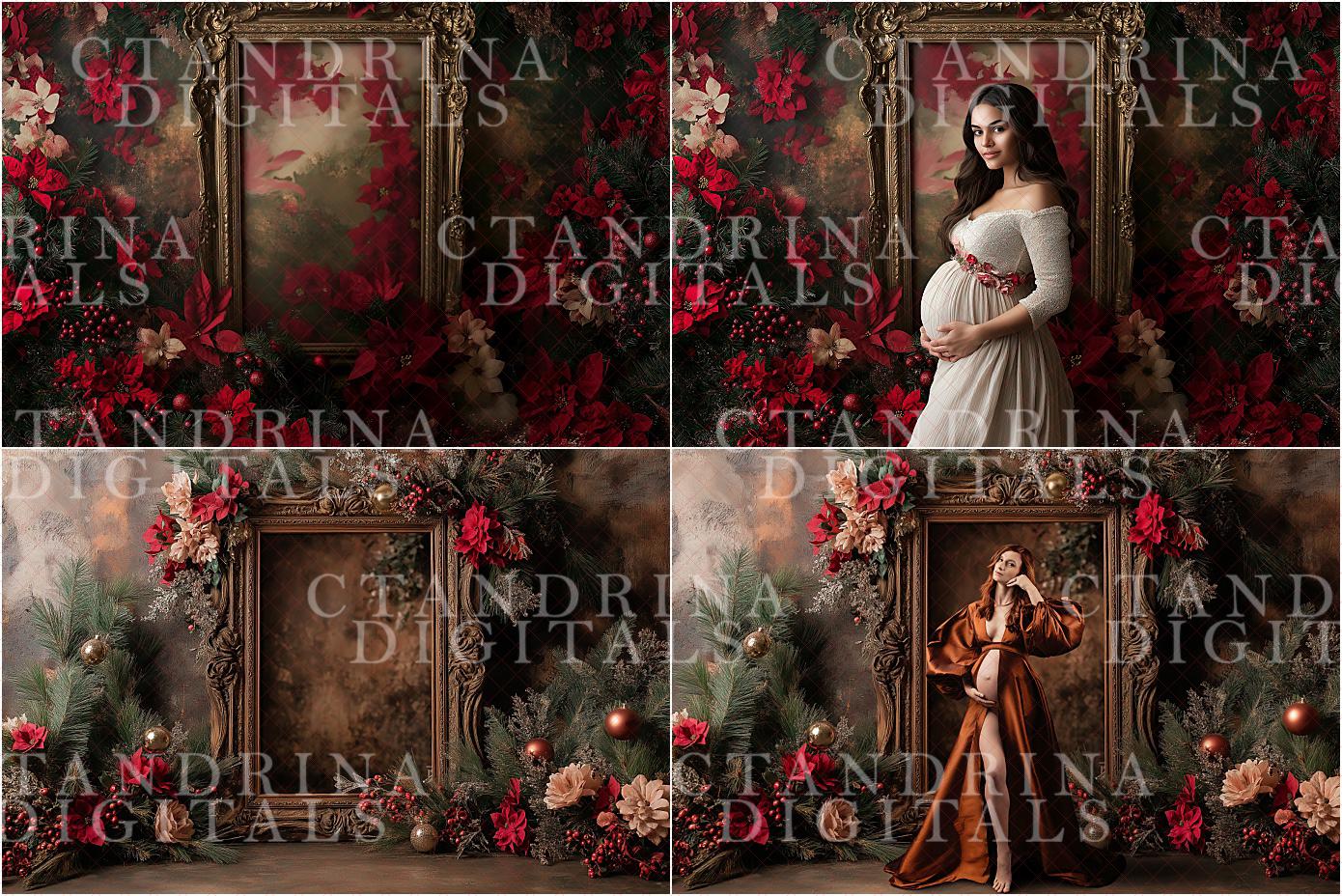 Christmas Floral Frame Digital Backdrops, Fine Art Holiday Floral Digital Backdrops, Maternity Digital Backdrops for Portrait Photography