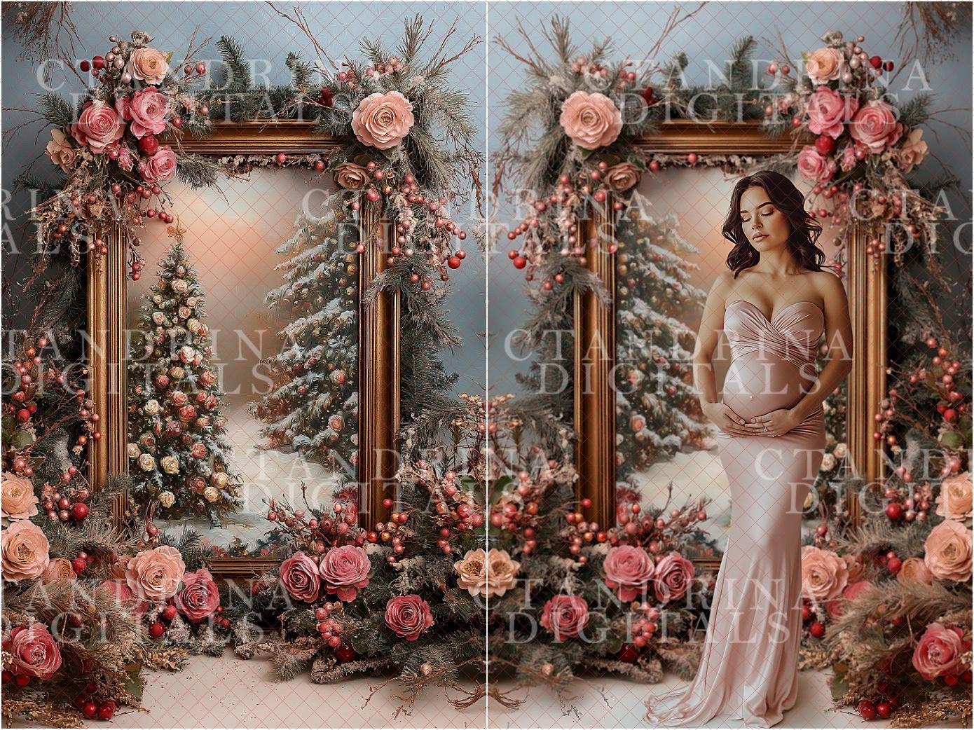 Christmas Floral Frame Digital Backdrops, Fine Art Holiday Floral Digital Backdrops, Maternity Digital Backdrops for Portrait Photography