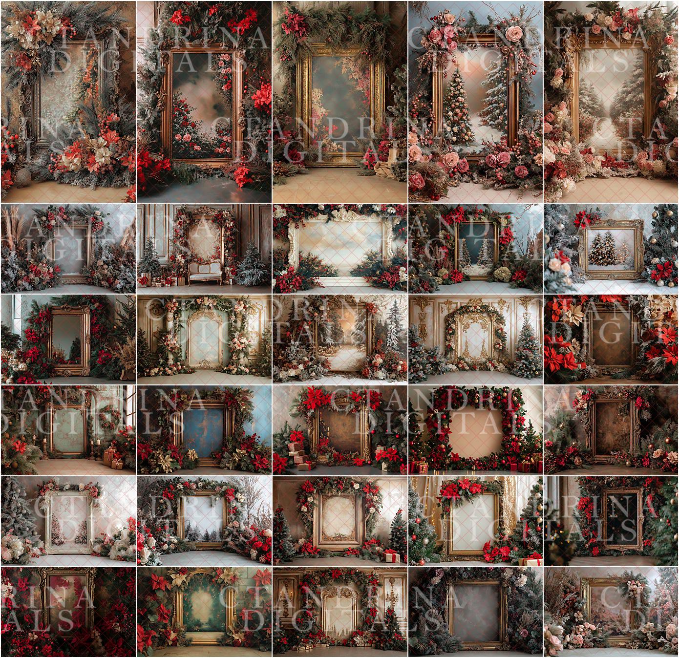 Christmas Floral Frame Digital Backdrops, Fine Art Holiday Floral Digital Backdrops, Maternity Digital Backdrops for Portrait Photography