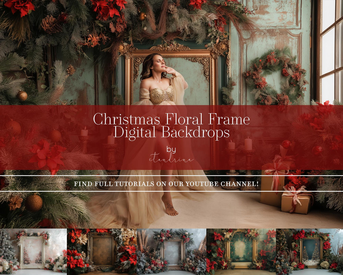 Christmas Floral Frame Digital Backdrops, Fine Art Holiday Floral Digital Backdrops, Maternity Digital Backdrops for Portrait Photography