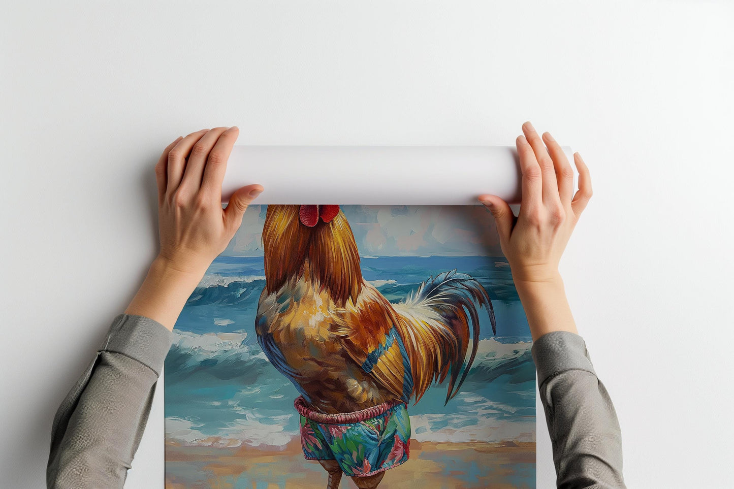 Summer Rooster on the Beach PRINTABLE, Chicken Prints, Rooster in Swim Trunks Downloadable Wall Art, Chicken on the Beach Digital Painting