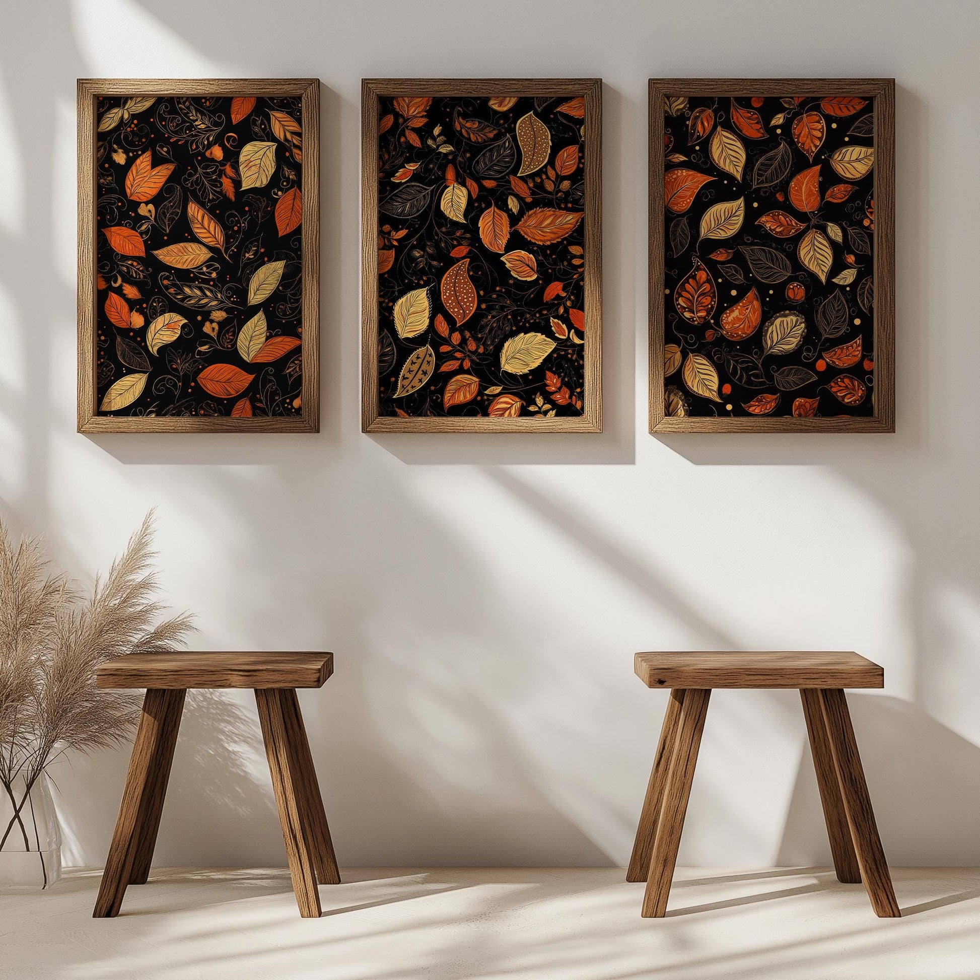 Triple Fall Foliage Painted PRINTABLE, Triptych Paisley Fall Print, Fall Leaf Farmhouse Digital Painting, Autumn Leaf Wall Decor - Set of 3