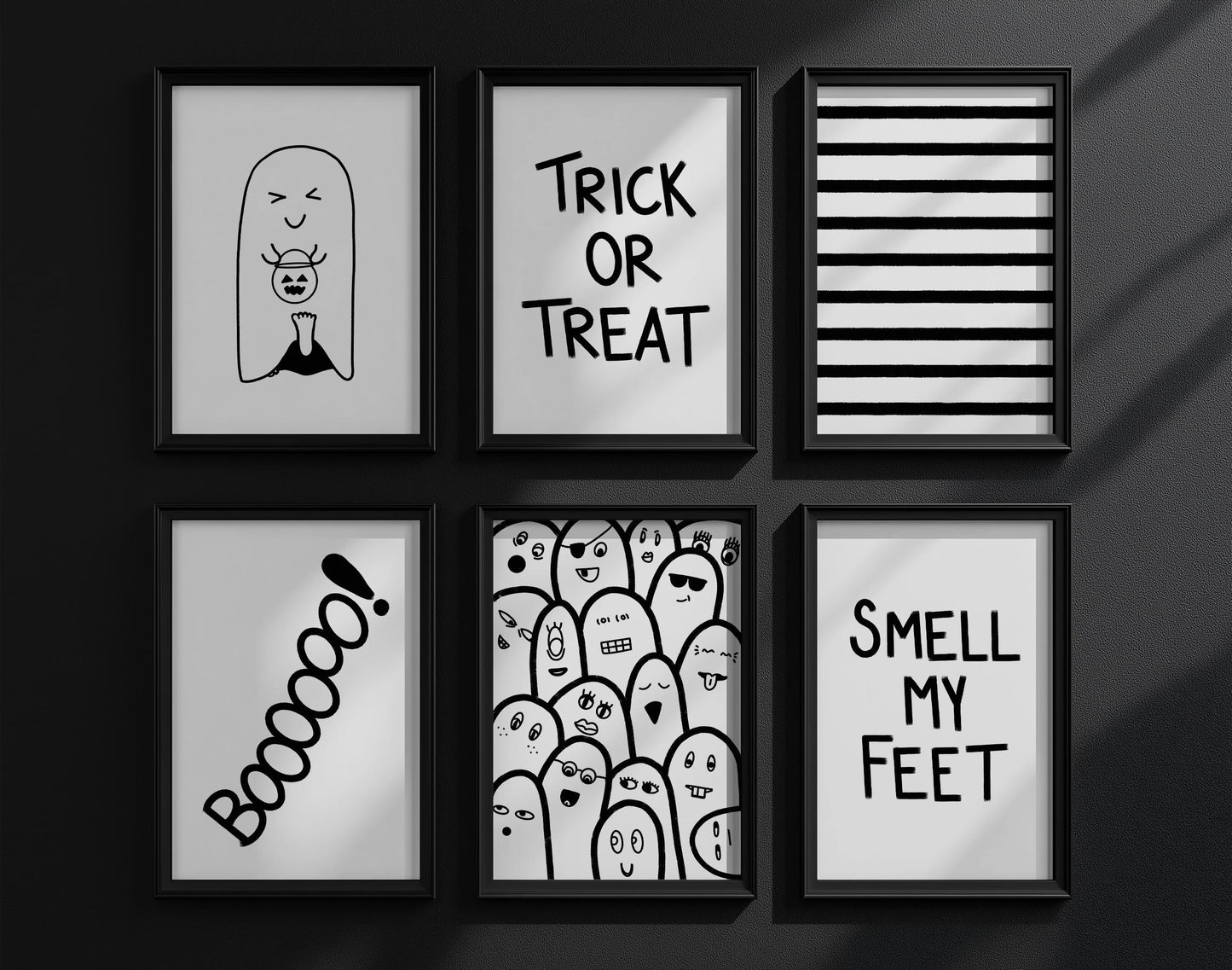 Trick or Treat Smell My Feet PRINTABLES, Silly Ghost Halloween Digital Prints, Downloadable Photo Wall Collage, Hand Drawn Digital Wall Art