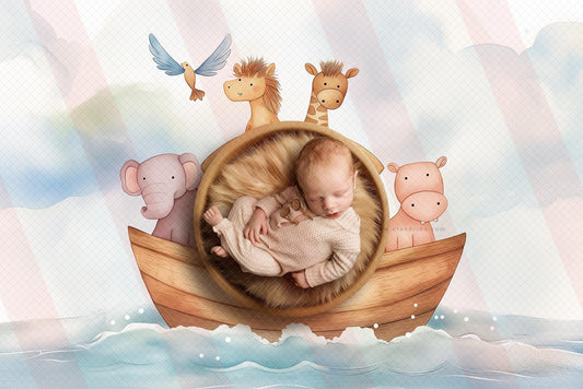 Noah's Ark Newborn Digital Backdrop, Watercolor Animal Ark Baby Background, Biblical Newborn Digital Background, Baby Boy, Baby Girl