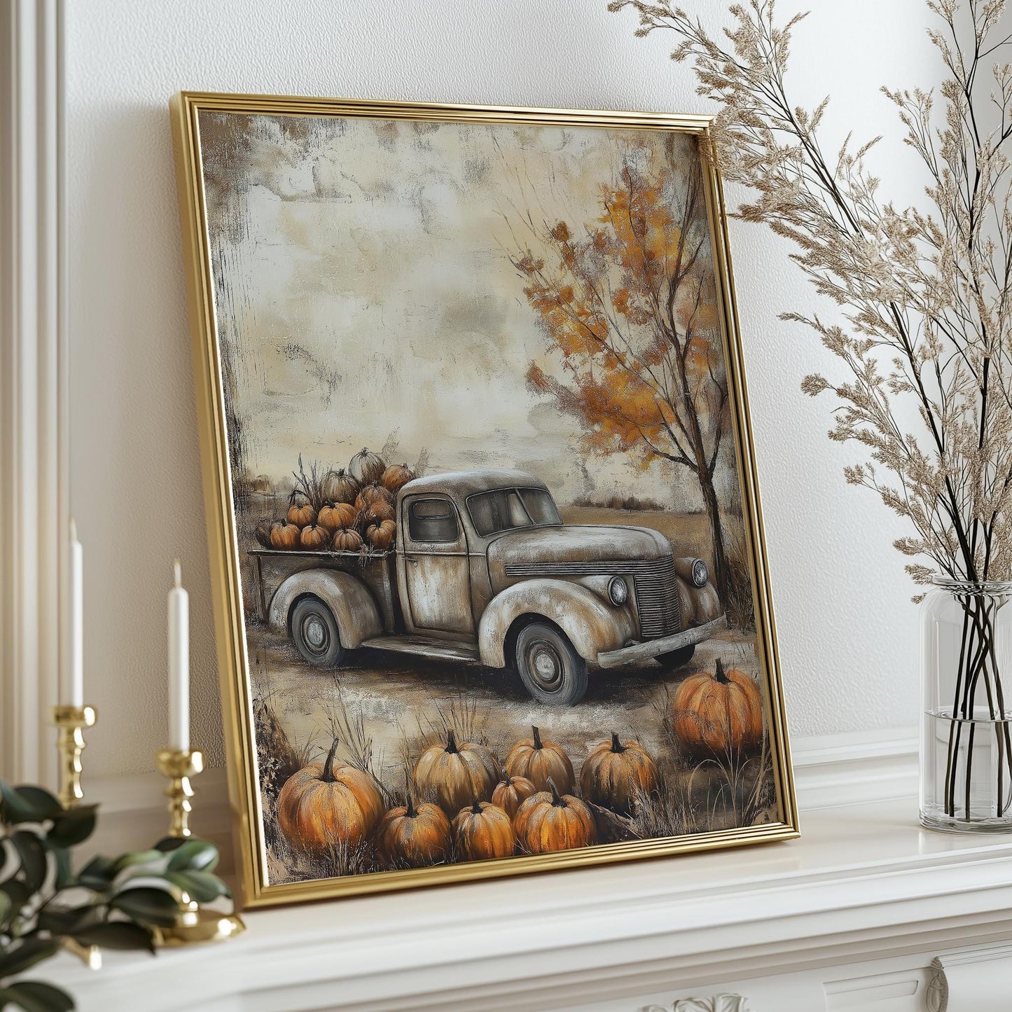 Vintage Truck and Pumpkins PRINTABLE, Digital Download Fall Print, Rustic Fall Truck Digital Painting, Farmhouse Wall Decor, Autumn Wall Art