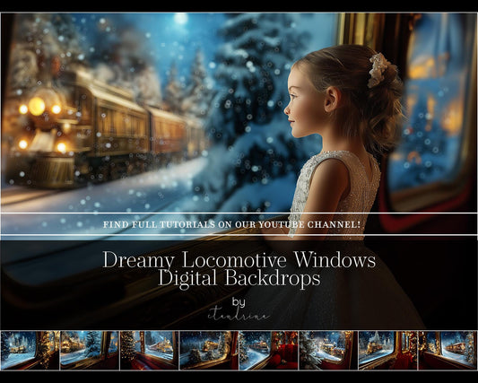 Dreamy Winter Locomotive Window Digital Backdrops, Christmas Train Digital Backgrounds, Christmas Digital Backdrops for Photoshop Composites