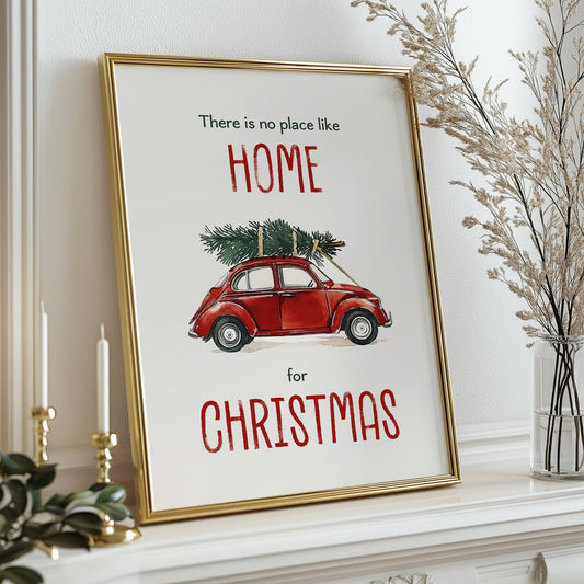 There's No Place Like Home for Christmas PRINTABLE, Cute Vintage Christmas Buggie with Tree Print, Christmas Downloadable Wall Decor