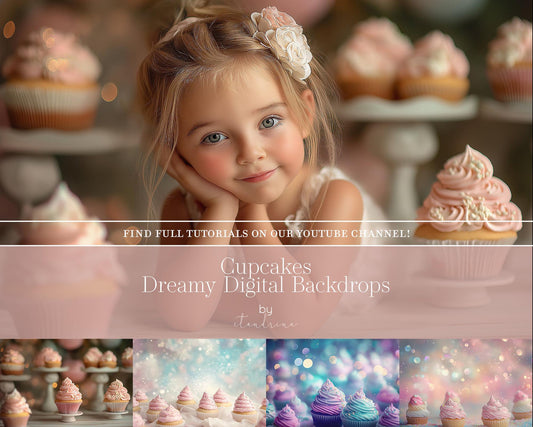 Dreamy Cupcake Digital Backdrops, Frosted Cupcake Backgrounds, Girly Digital Backdrops for Photoshop Composites, Blogs & More - 4 Pack