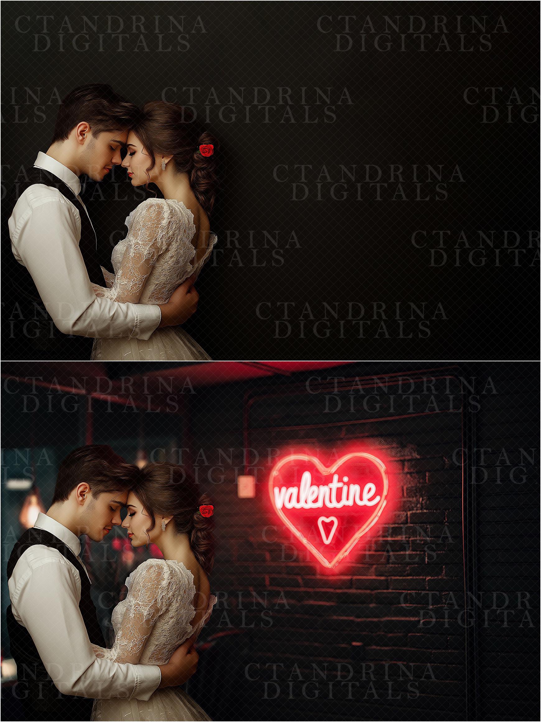 Valentine Black Brick Neon Sign Digital Backdrops, Digital Backdrops for Photoshop, Valentine's Day Backdrops, Neon Sign Digital Backgrounds