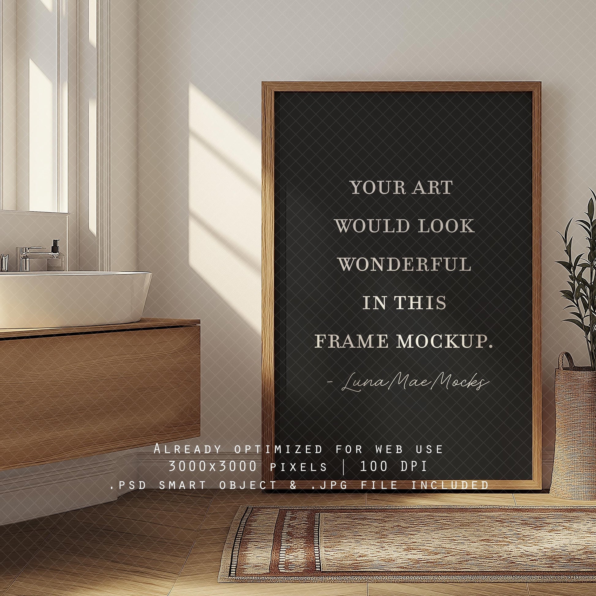 Vertical Frame Mockup, Bathroom Wall Art Mockup PSD & JPG, Interior Wooden Frame Mockup, Minimal Style Digital Print and Poster Shop Mockup