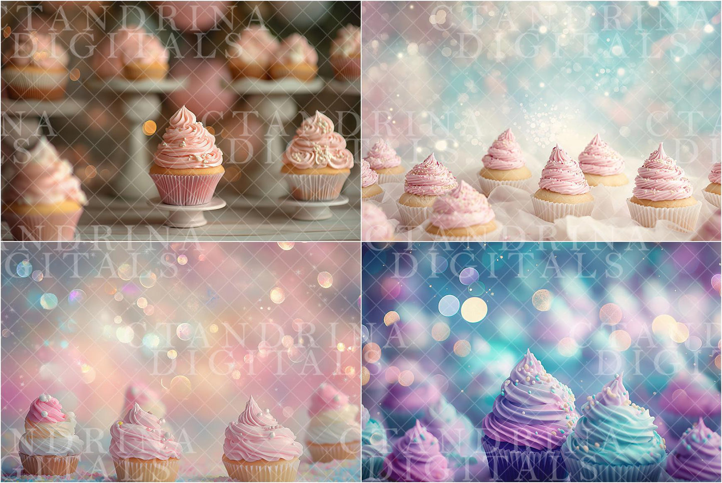 Dreamy Cupcake Digital Backdrops, Frosted Cupcake Backgrounds, Girly Digital Backdrops for Photoshop Composites, Blogs & More - 4 Pack