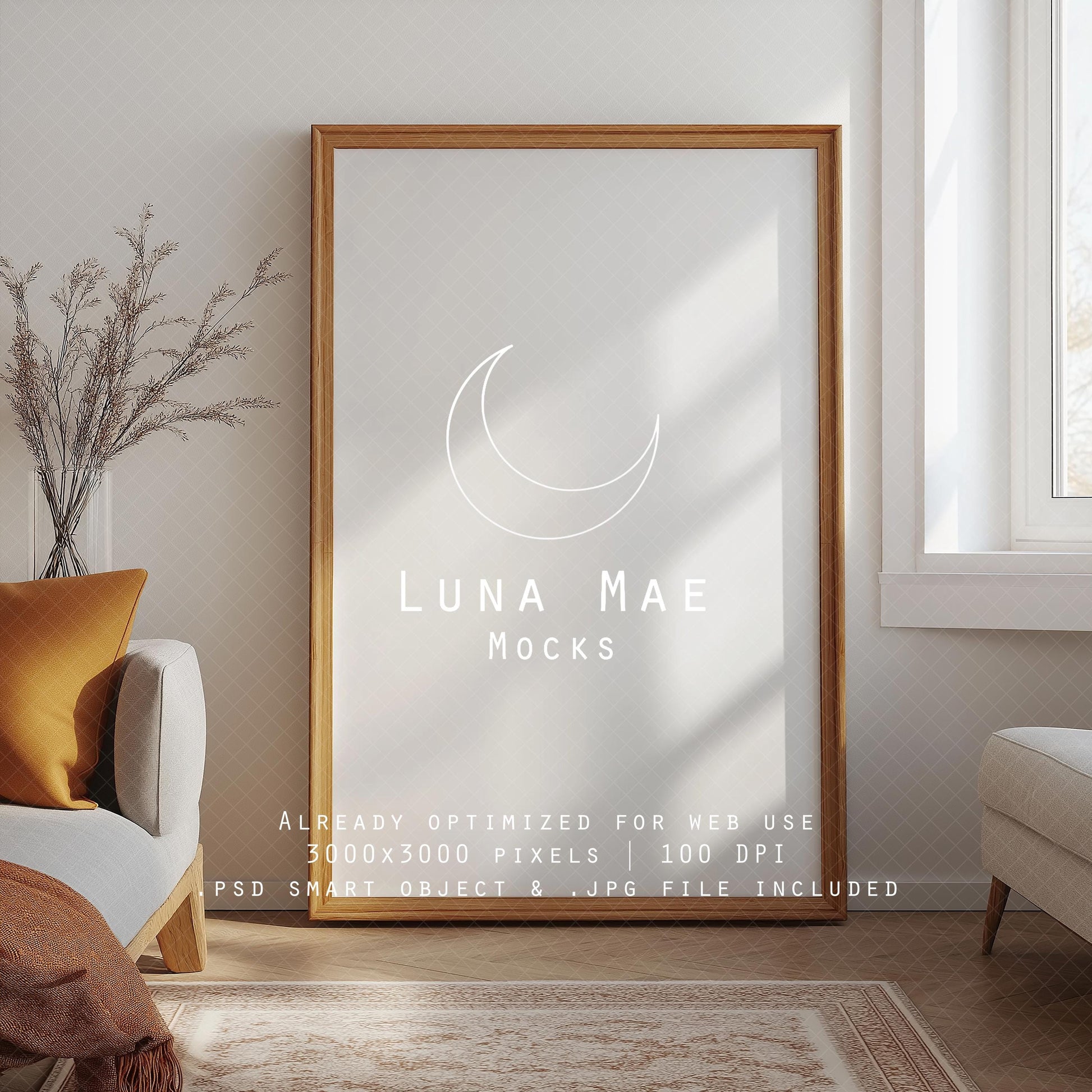 Vertical Frame Mockup, Bedroom Wall Art Mockup PSD & JPG, Interior Wooden Frame Mockup, Minimal Style Digital Print and Poster Shop Mockup