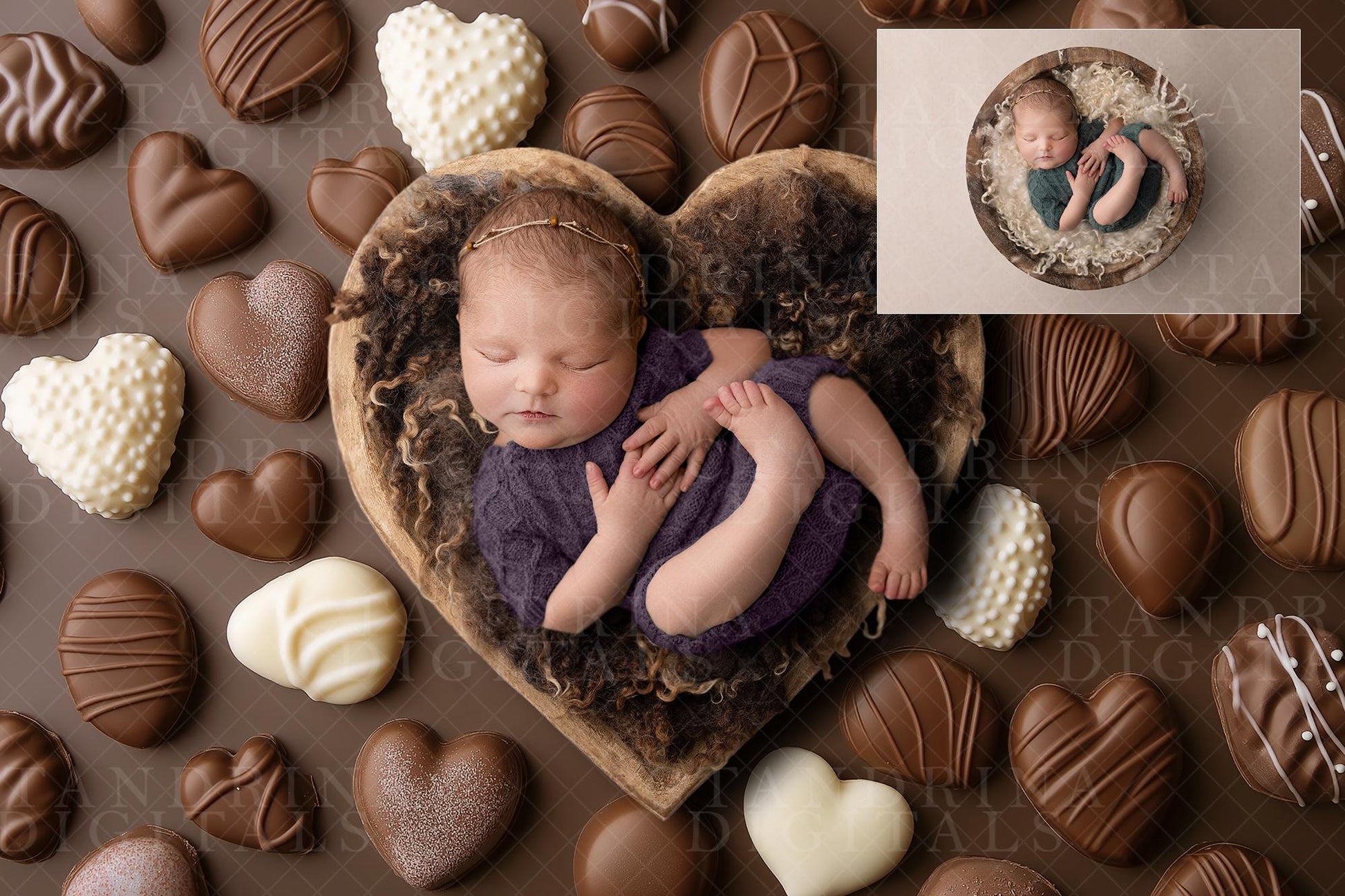 3 Candy Chocolate Newborn Digital Backdrops, Valentine Newborn Digital Background, Candy Backdrop, Heart Bowl Digital Backdrop for Photoshop