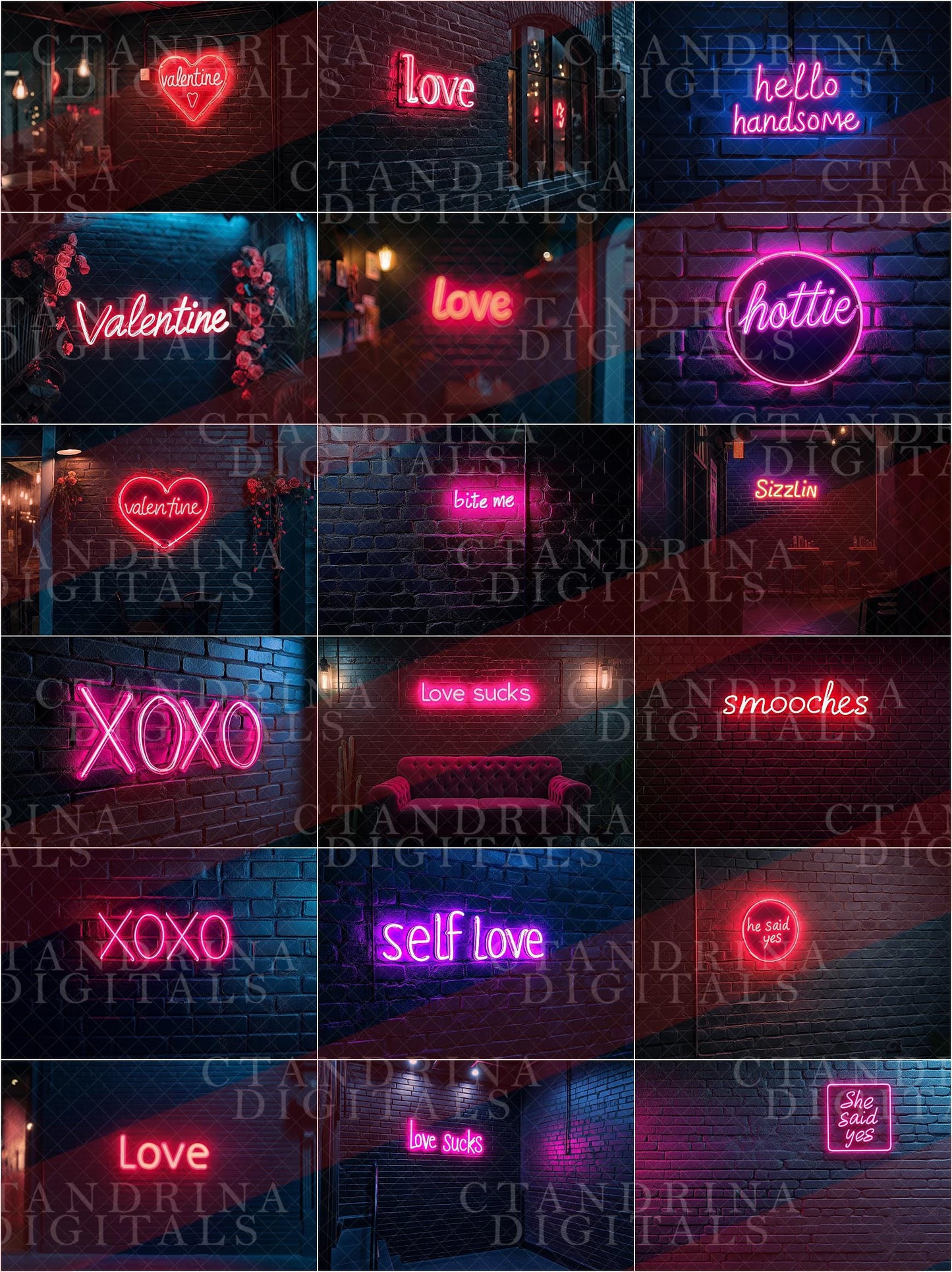 Valentine Black Brick Neon Sign Digital Backdrops, Digital Backdrops for Photoshop, Valentine's Day Backdrops, Neon Sign Digital Backgrounds