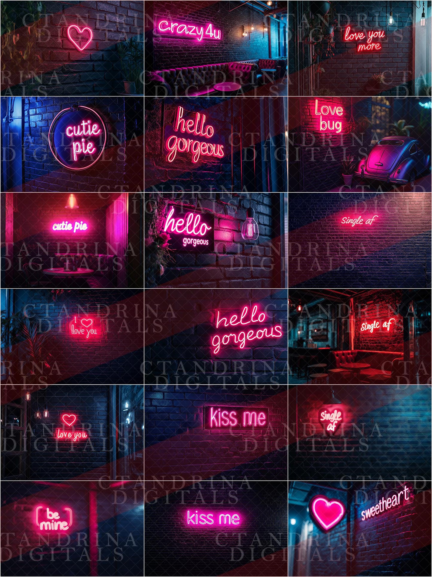 Valentine Black Brick Neon Sign Digital Backdrops, Digital Backdrops for Photoshop, Valentine's Day Backdrops, Neon Sign Digital Backgrounds