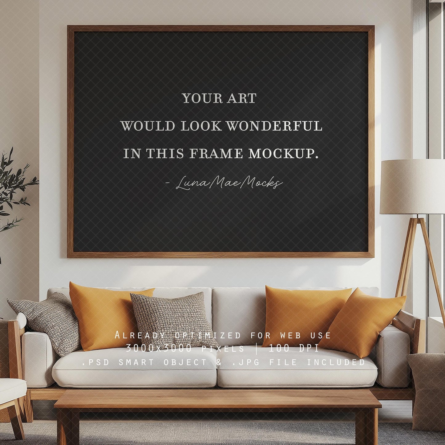 Horizontal Frame Mockup, Bedroom Wall Art Mockup PSD & JPG, Interior Wooden Frame Mockup, Minimal Style Digital Print and Poster Shop Mockup