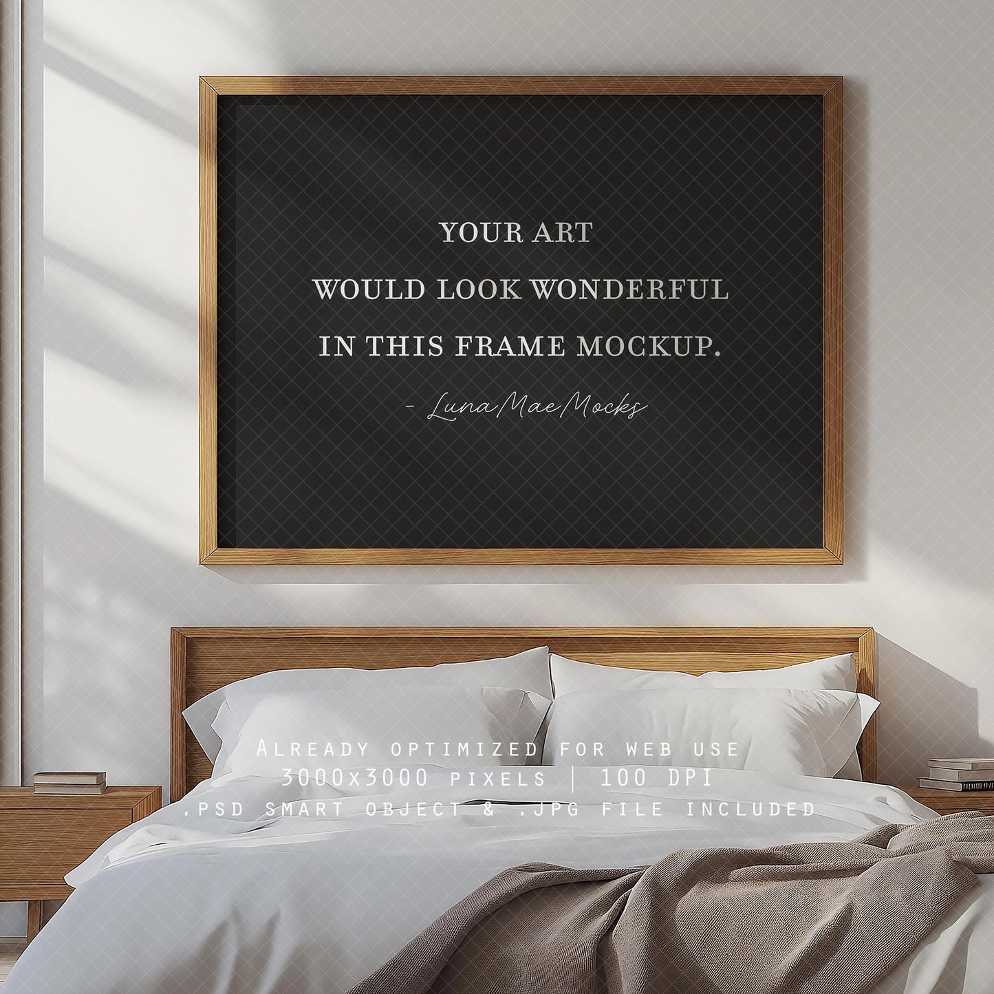 Horizontal Frame Mockup, Bedroom Wall Art Mockup PSD & JPG, Interior Wooden Frame Mockup, Minimal Style Digital Print and Poster Shop Mockup