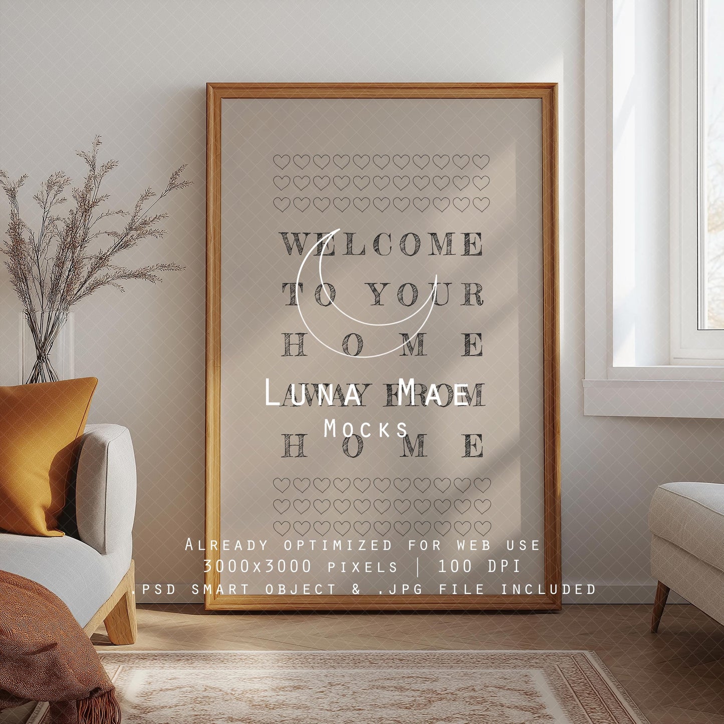 Vertical Frame Mockup, Bedroom Wall Art Mockup PSD & JPG, Interior Wooden Frame Mockup, Minimal Style Digital Print and Poster Shop Mockup