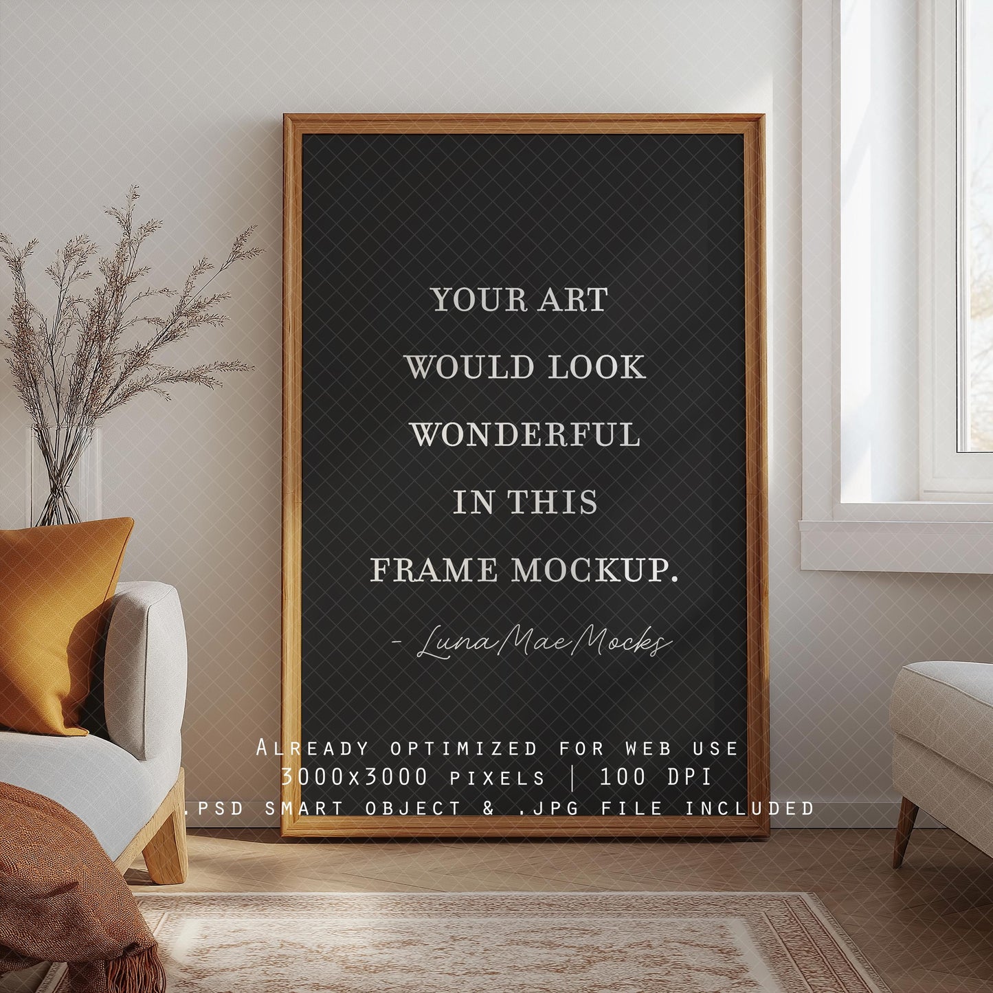 Vertical Frame Mockup, Bedroom Wall Art Mockup PSD & JPG, Interior Wooden Frame Mockup, Minimal Style Digital Print and Poster Shop Mockup