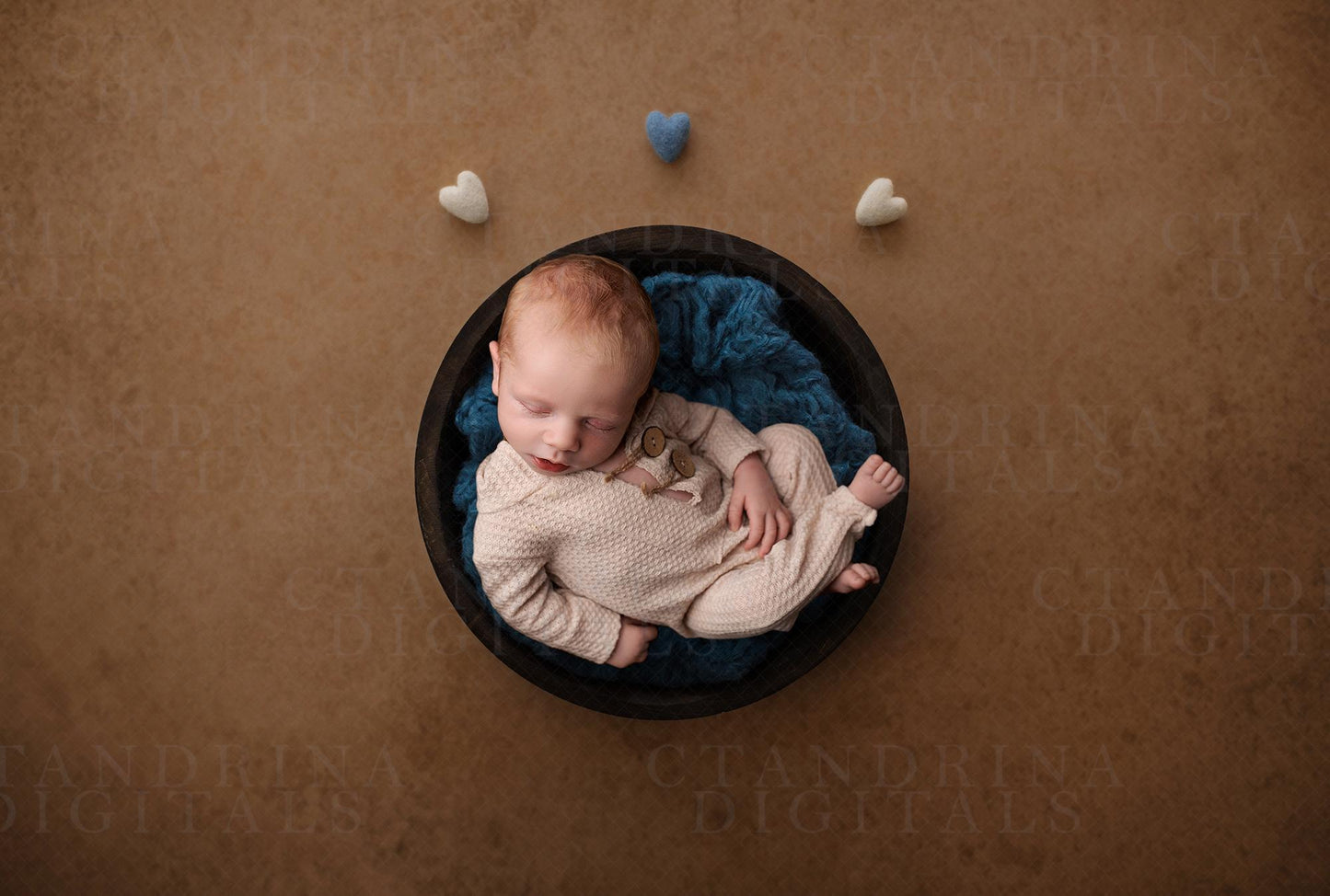 Blue and Cream Felt Hearts Newborn Digital Backdrop