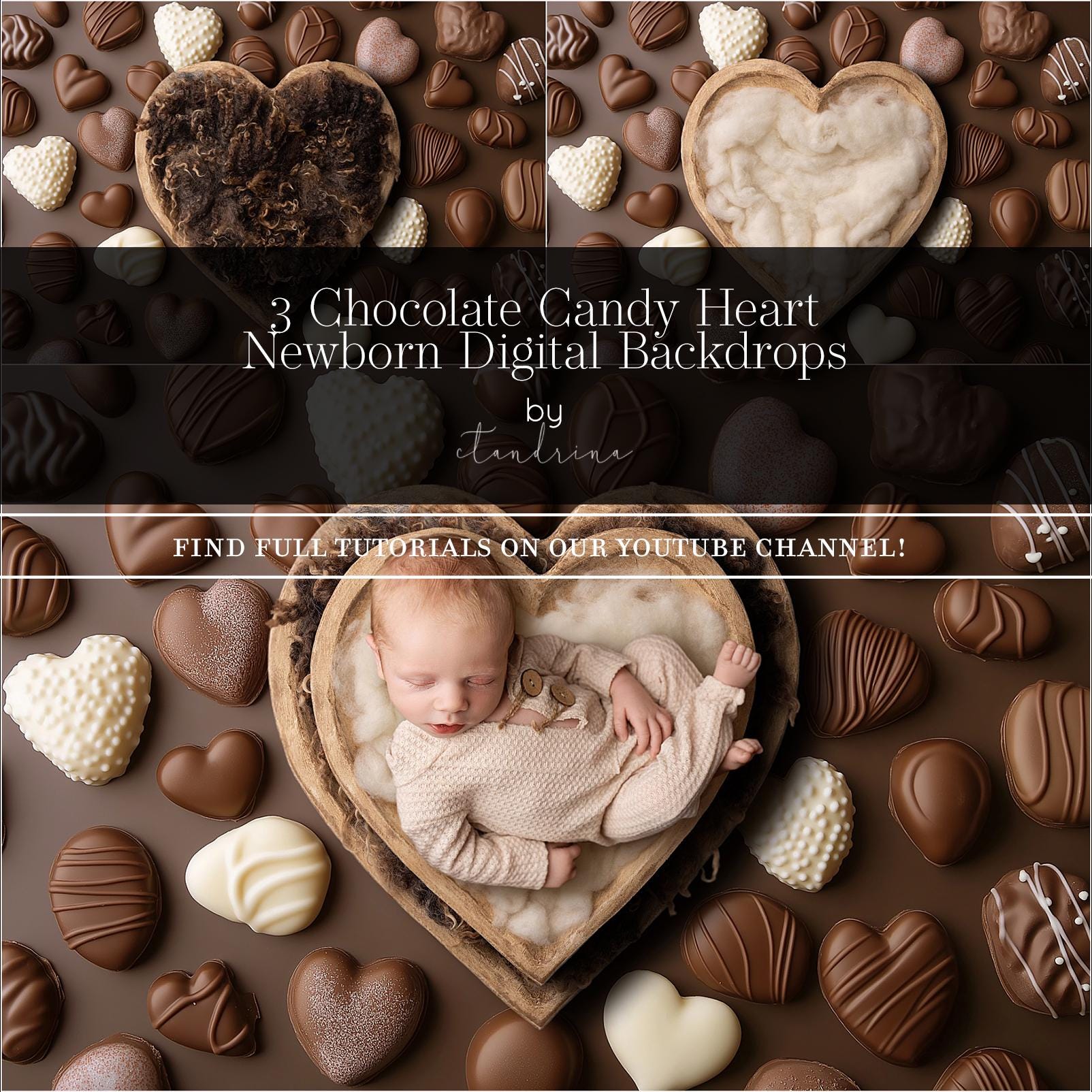 3 Candy Chocolate Newborn Digital Backdrops, Valentine Newborn Digital Background, Candy Backdrop, Heart Bowl Digital Backdrop for Photoshop