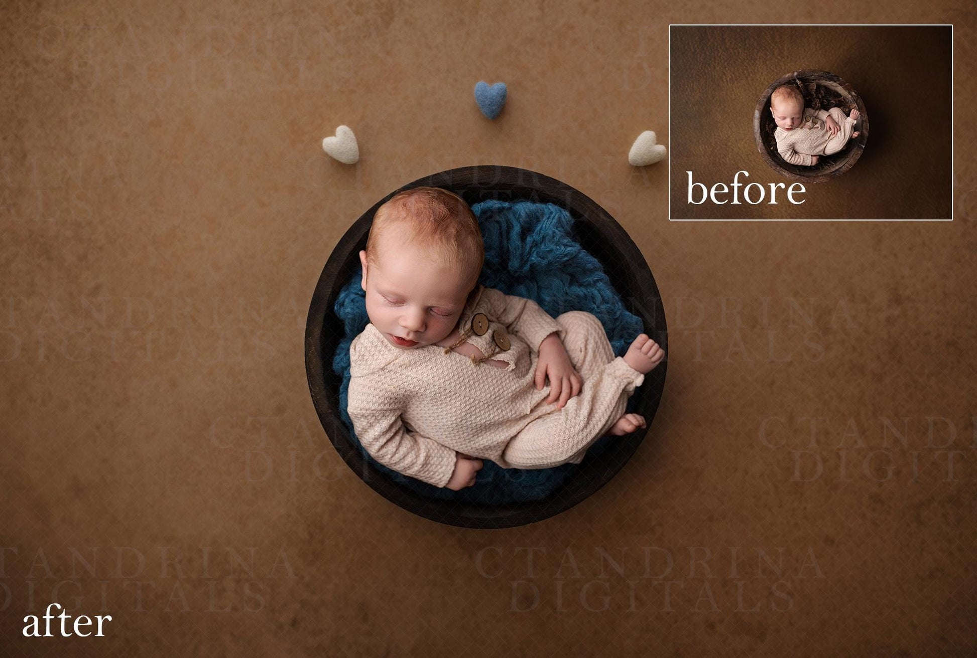 Blue and Cream Felt Hearts Newborn Digital Backdrop